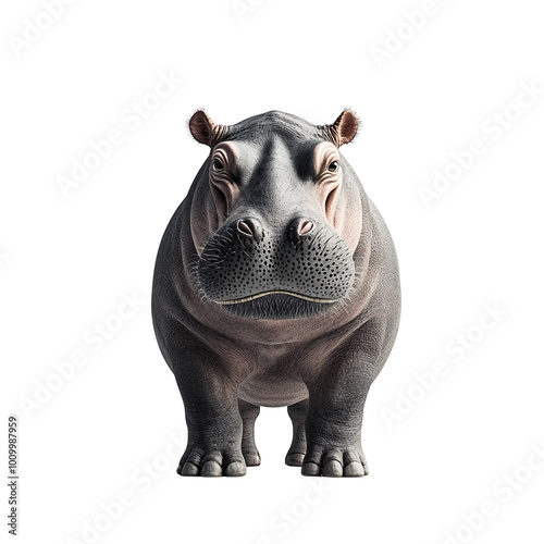 Cute hippo standing, white isolated background.