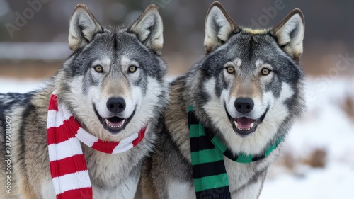 Close-up of wolves with mismatched accessories and joyful expressions.