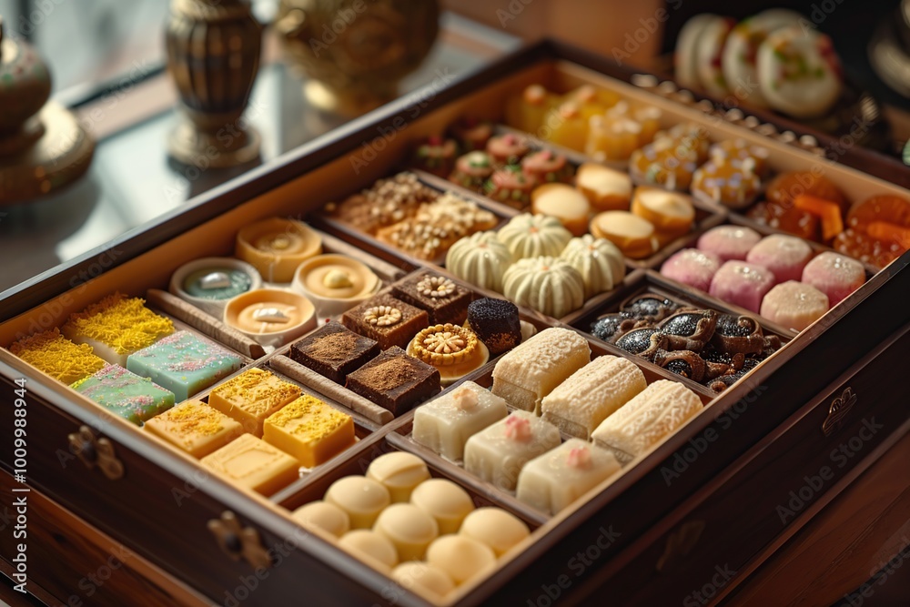 Assortment of Delectable Confections in a Wooden Box