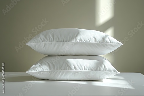 Two white pillows stacked on a bed. This photo is perfect for websites, brochures, or advertisements promoting a product or service related to sleep, comfort, or relaxation. photo