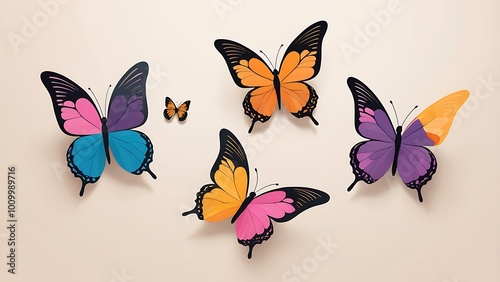 digital illustration featuring a collection of colorful butterflies arranged against a plain beige background