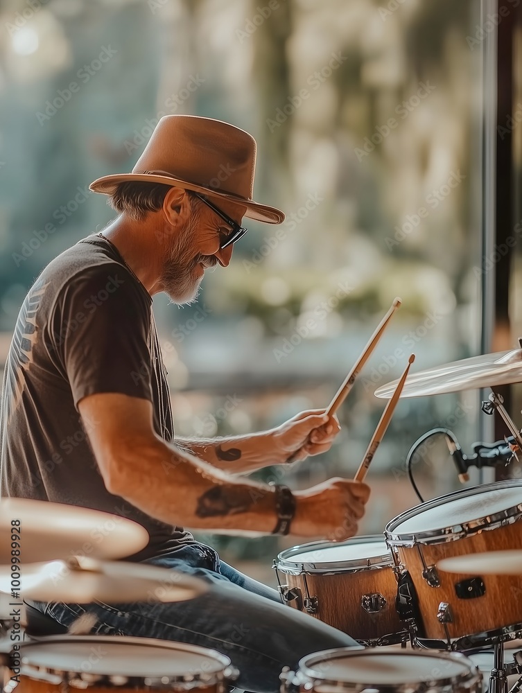 A man with a gray beard enjoys playing the drums in a warm, sunlit setting. Studying at music school, promotion picture. Recording on a studio. A man with a gray beard enjoys playing the drums in a warm, sunlit setting. Studying at music school, promotion picture. Recording on a studio.
