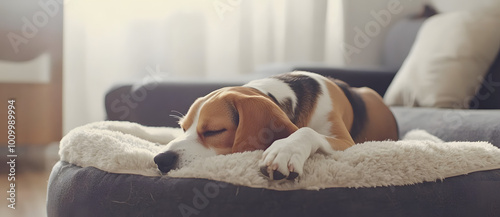 Beagle dog lying on a soft, grey plush bed in a modern home interior