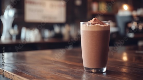 A glass of chocolate beverage topped with whipped cream, placed on a wooden table in a caf?.