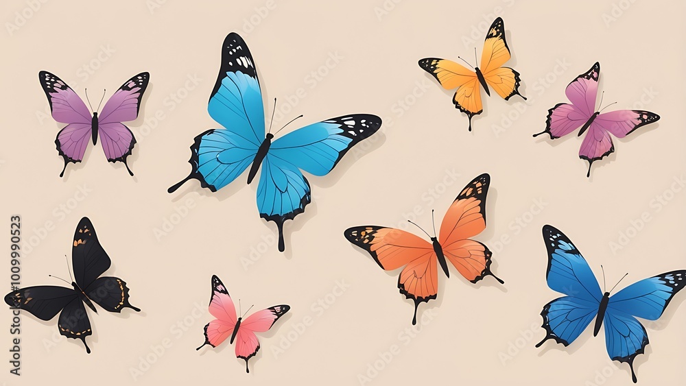 digital illustration featuring a collection of colorful butterflies arranged against a plain beige background digital illustration featuring a collection of colorful butterflies arranged against a plain beige background