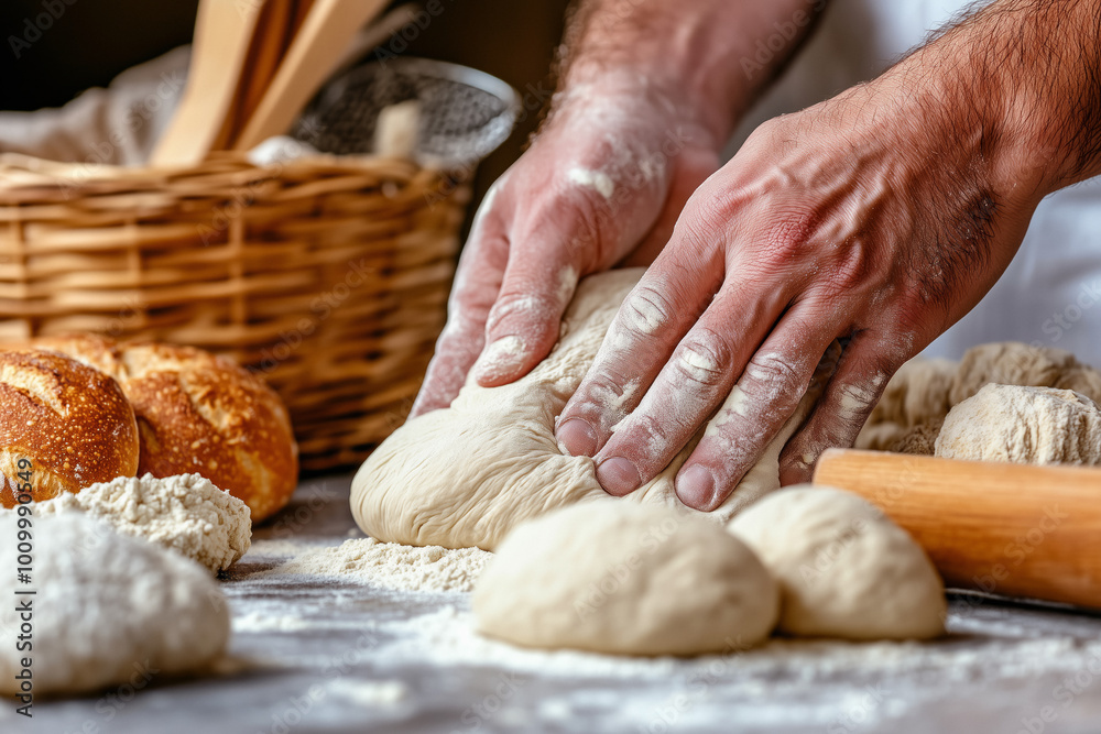 A close-up of hands kneading bread dough on a floured surface, surrounded by freshly baked bread and flour. This scene evokes the traditional art of breadmaking in a cozy, rustic kitchen environment. A close-up of hands kneading bread dough on a floured surface, surrounded by freshly baked bread and flour. This scene evokes the traditional art of breadmaking in a cozy, rustic kitchen environment.