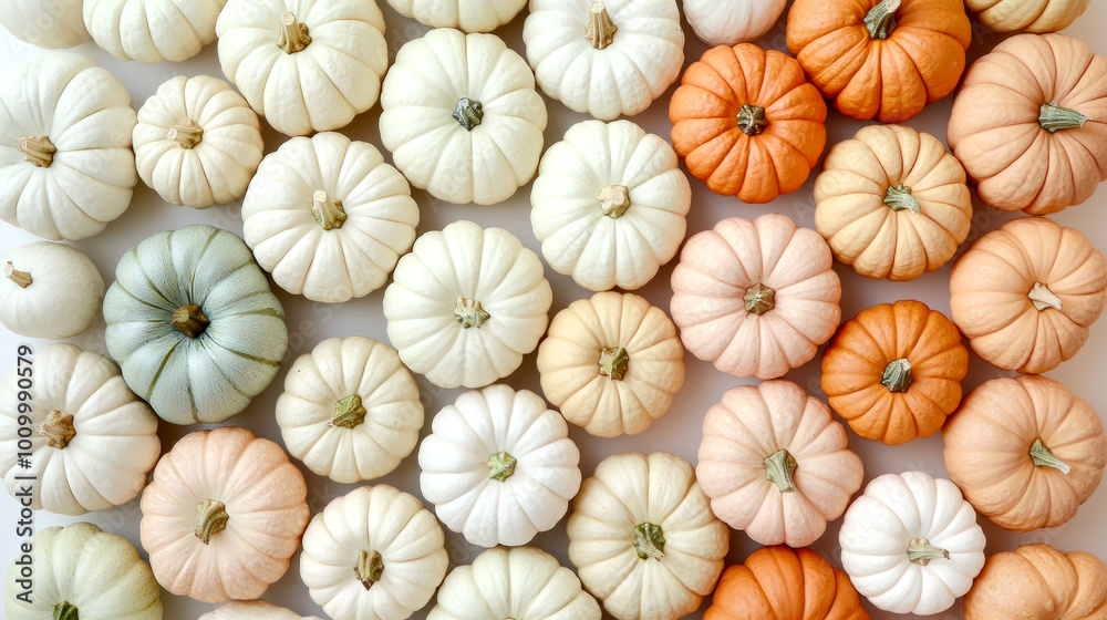 Flat lay of small pumpkins in pastel colors. Perfect for autumn, Thanksgiving or Halloween themes. Seasonal decoration and harvest displays Flat lay of small pumpkins in pastel colors. Perfect for autumn, Thanksgiving or Halloween themes. Seasonal decoration and harvest displays