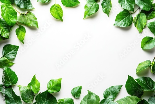 Green leaves frame white background. Perfect for adding text or product, showcasing nature's beauty.