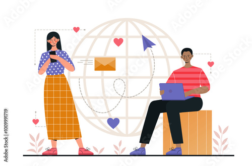 People with online communication. Man with laptop and woman with smartphone near globe. Global interaction in social networks and messengers. Flat vector illustration isolated on white background