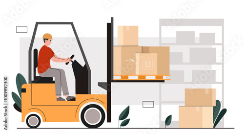 Warehouse logistics concept. Man with forklift with boxes in warehouse. Logistics, shipping and distribution. Worker with cardboard boxes. Flat vector illustration isolated on white background