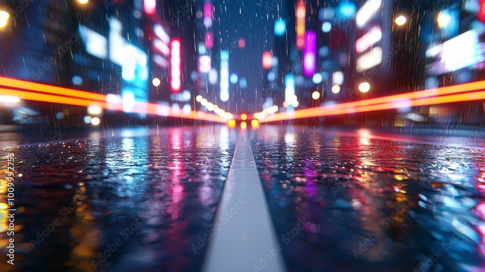 A city street with a white line and a rainstorm A city street with a white line and a rainstorm