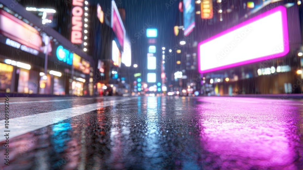 A city street with neon signs and a wet road A city street with neon signs and a wet road