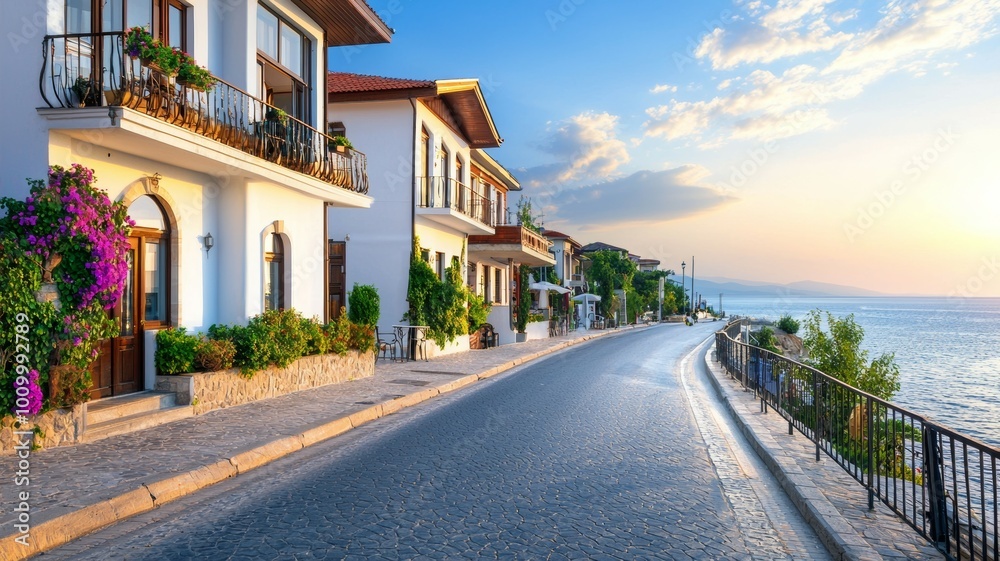 A street with houses on either side and a fence along the water A street with houses on either side and a fence along the water