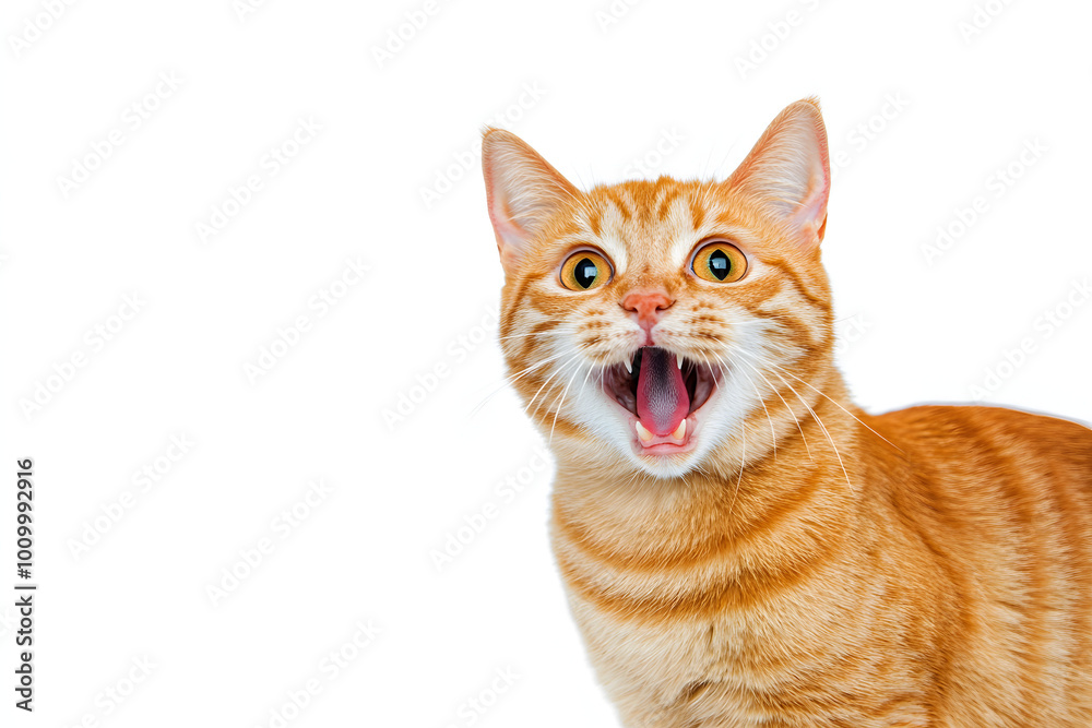 Close-up portrait of a funny ginger cat meowing with an open mouth, isolated on a white background Close-up portrait of a funny ginger cat meowing with an open mouth, isolated on a white background