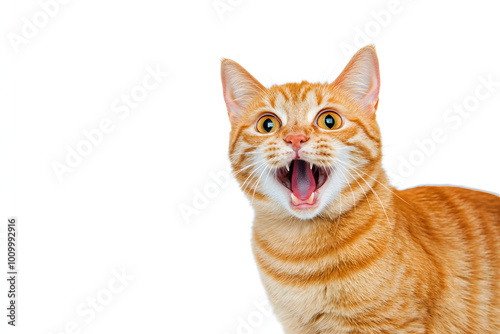 Close-up portrait of a funny ginger cat meowing with an open mouth, isolated on a white background