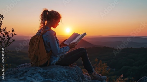 A woman reads a book on a mountaintop. This photo can represent relaxation, education, or a