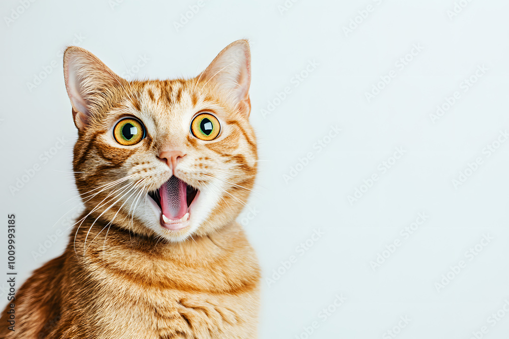 Close-up portrait of a funny ginger cat meowing with an open mouth, isolated on a white background Close-up portrait of a funny ginger cat meowing with an open mouth, isolated on a white background