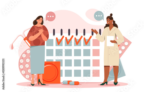 Women with contraception. Young girl with condoms and birth control pills near calendar. Fertility and female reproductive system. Flat vector illustration isolated on white background