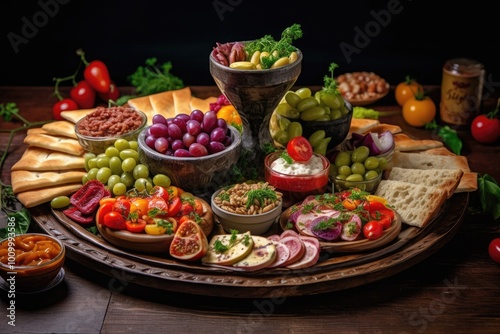 A Variety of Food Items Arranged on a Wooden Platter