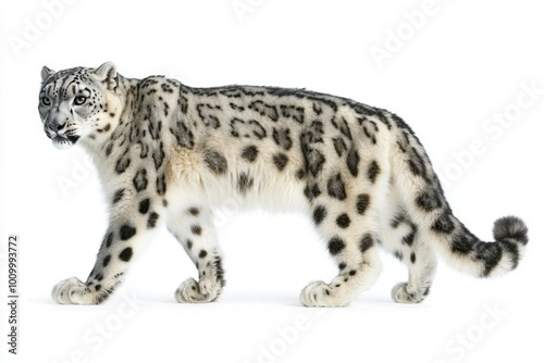snow leopard rests peacefully, its elegant tail curled impeccably around its body, revealing stunning rosettes on its soft fur. The serene white backdrop highlights its majestic presence.