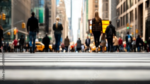 A busy city street with people walking and cars driving