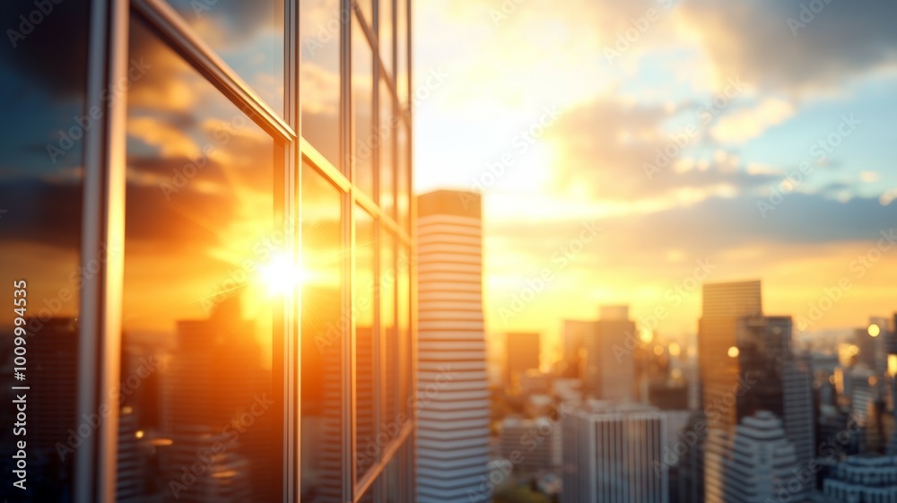 A city skyline with a bright sun shining through the windows of a tall building A city skyline with a bright sun shining through the windows of a tall building