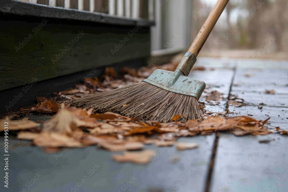 custom made wallpaper toronto digitalA broom sweeps fallen leaves on a porch. This image can be used for websites, blogs, and social media posts about fall, cleaning, or home maintenance.