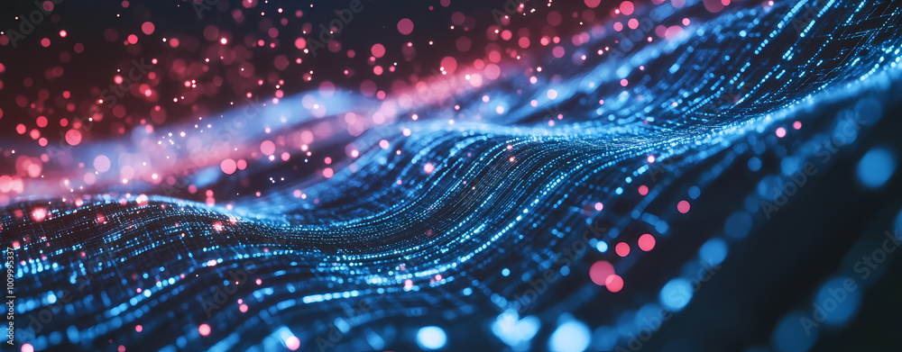 Abstract digital background with glowing blue and red dots waving, a technology concept representing big data Abstract digital background with glowing blue and red dots waving, a technology concept representing big data