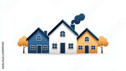 Three houses are shown in a row, with one of them being a yellow house