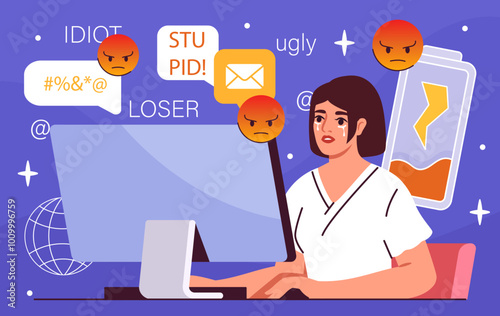 Woman with cyber bullying. Sad young girl behind computer screen. Depression and frustration, loneliness. Negative feelings and emotions. Flat vector illustration isolated on blue background