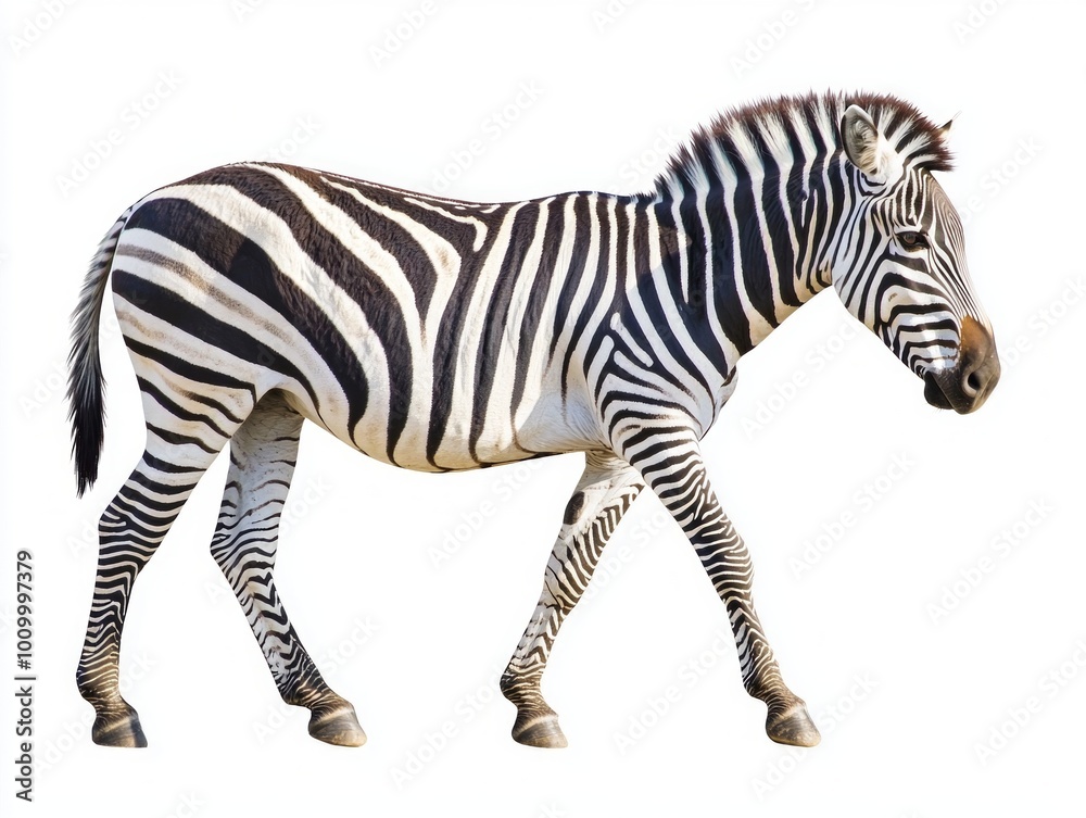 zebra, adorned with distinctive black and white stripes, walks confidently across a blank white background, showcasing its natural beauty and grace. zebra, adorned with distinctive black and white stripes, walks confidently across a blank white background, showcasing its natural beauty and grace.