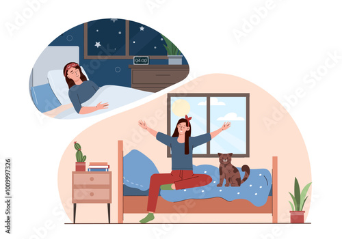 Woman in day and night. Young girl morning and evening. Person wake up in bedroom. Routine of day and night, healthy lifestyle. Flat vector illustration isolated on white background
