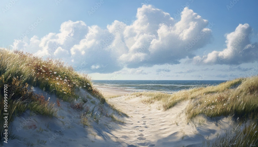 A sandy path leads through a grassy dune to a beach with blue sky and white clouds. A sandy path leads through a grassy dune to a beach with blue sky and white clouds.