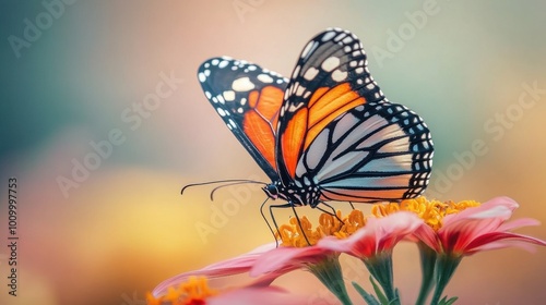 A close-up shot of a butterfly perched on a vibrant flower, its wings fully open, showing off intricate patterns in the warm sunlight.