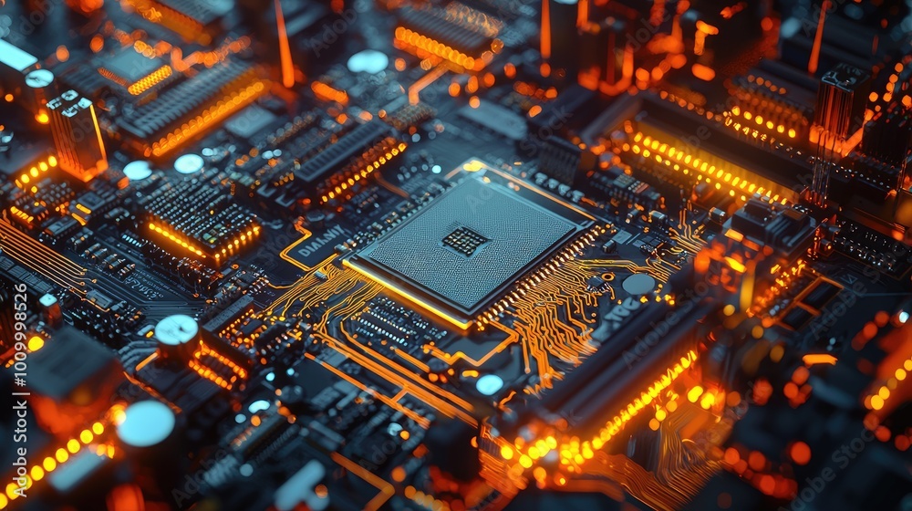 Close-up of a Motherboard with a Processor and Illuminated Circuits Close-up of a Motherboard with a Processor and Illuminated Circuits