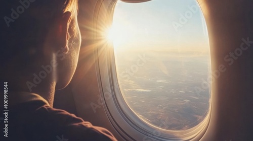 A passenger looking out the airplane window during a flight, gazing at the landscape far below, capturing the wonder and excitement of traveling by air.