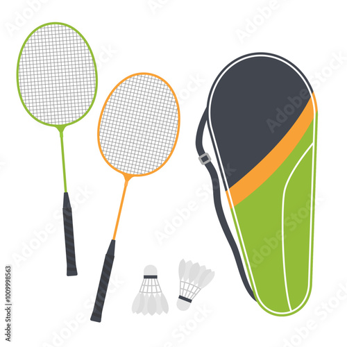 Badminton equipment vector illustration set. Badminton racket, shuttlecock and carry bag, isolated on white background. 