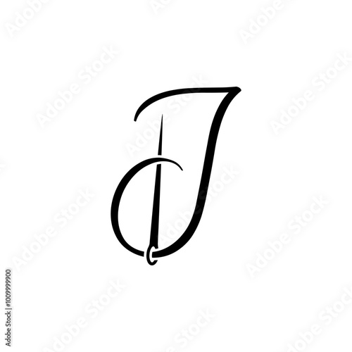 script letter initial j with sewing needle logo