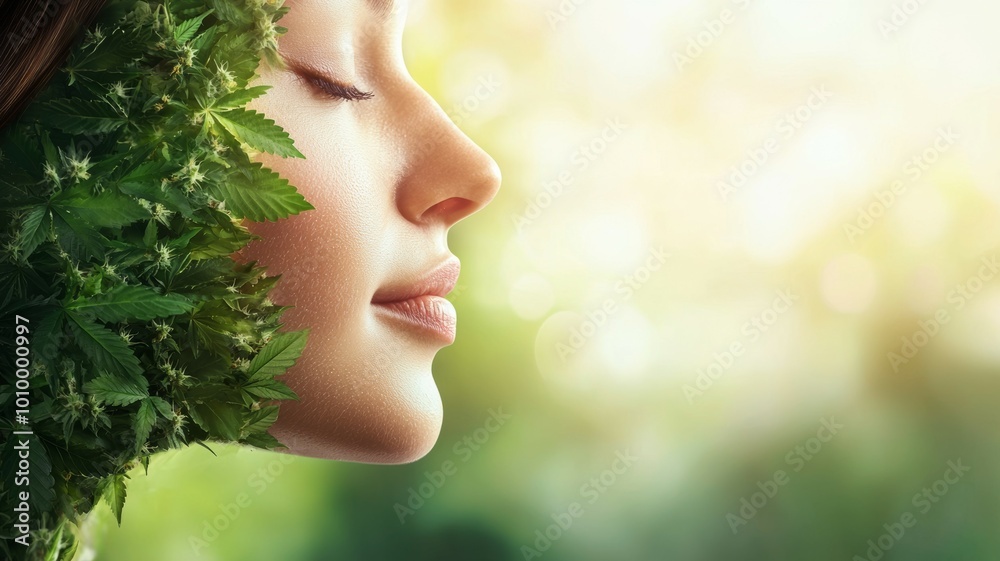 A woman's face is covered in green leaves, hemp and cannabis concept A woman's face is covered in green leaves, hemp and cannabis concept