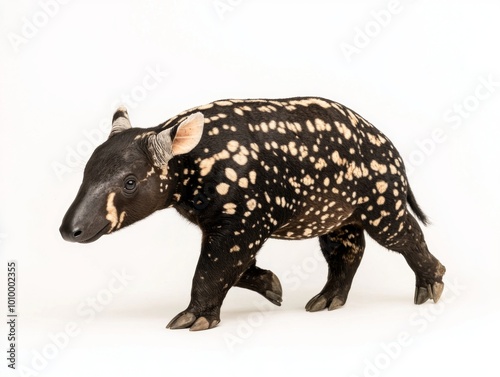 Brazilian tapir strides with confidence, its muscular body highlighted against a bright background, capturing the elegance of this unique animal in motion. photo