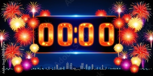 As the countdown clock strikes 00.00, the midnight sky erupts in a colorful firework display, celebration of the Happy New Year with festive lights and sparkling greeting joy, eve, twelve (9) photo