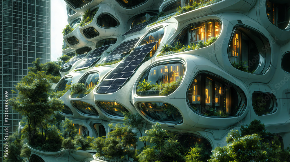 Φωτογραφία closeup of a facade of a futuristic eco high-rise with greenery and solar panels