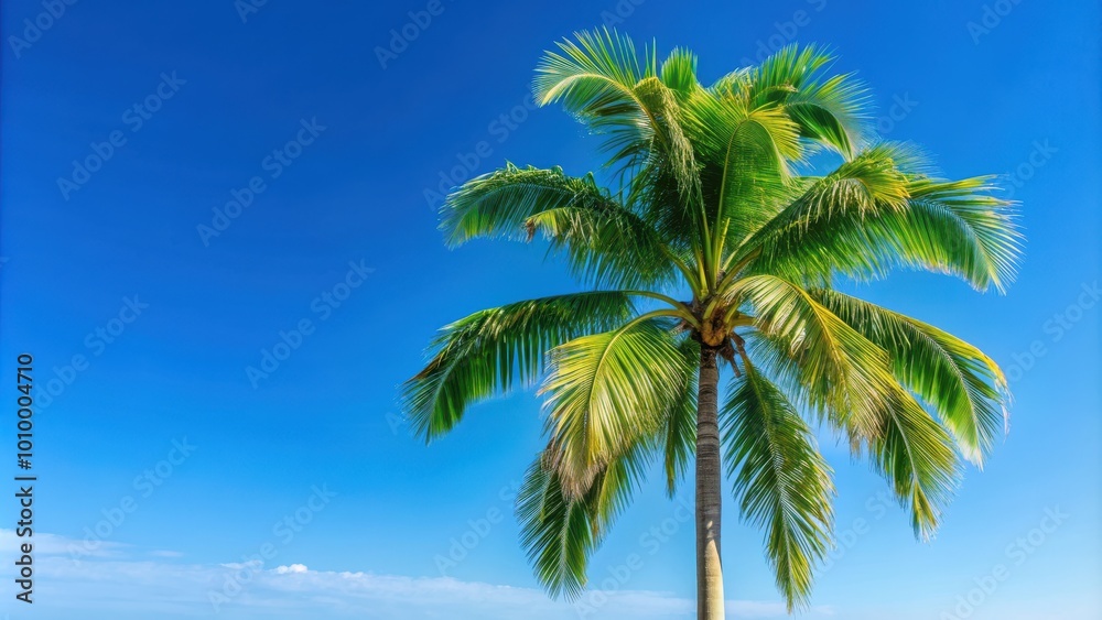 Green palm tree against a clear blue sky in Cuba, tropical, Caribbean, exotic, nature, vacation, tourism, travel Green palm tree against a clear blue sky in Cuba, tropical, Caribbean, exotic, nature, vacation, tourism, travel