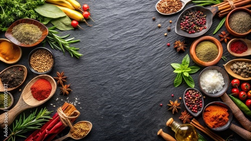 Various spices and herbs arranged on black stone from above , cooking, food, flavor, ingredient, culinary, seasoning, mix