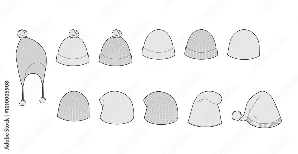 Set of Knitted Hats - Tam Phrygian Peruvian Pixie Bonnet Bobble Beanie Crochet Hat with pompom. Head Fashion accessory cap technical illustration. Vector headgear for Men, women unisex style, flat CAD Set of Knitted Hats - Tam Phrygian Peruvian Pixie Bonnet Bobble Beanie Crochet Hat with pompom. Head Fashion accessory cap technical illustration. Vector headgear for Men, women unisex style, flat CAD