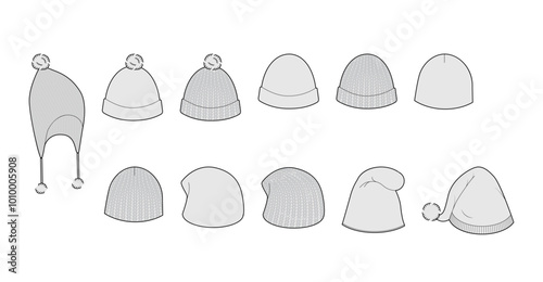 Set of Knitted Hats - Tam Phrygian Peruvian Pixie Bonnet Bobble Beanie Crochet Hat with pompom. Head Fashion accessory cap technical illustration. Vector headgear for Men, women unisex style, flat CAD
