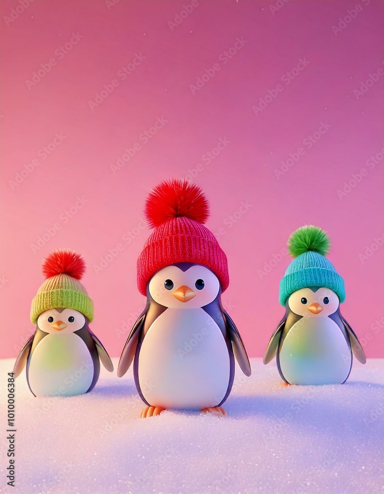 cute cartoon penguins in pompom hats christmas card copy space background cute cartoon penguins in pompom hats christmas card copy space background