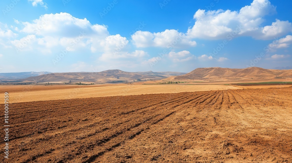 Vast Arid Landscape with Plowed Fields and Distant Mountains Vast Arid Landscape with Plowed Fields and Distant Mountains