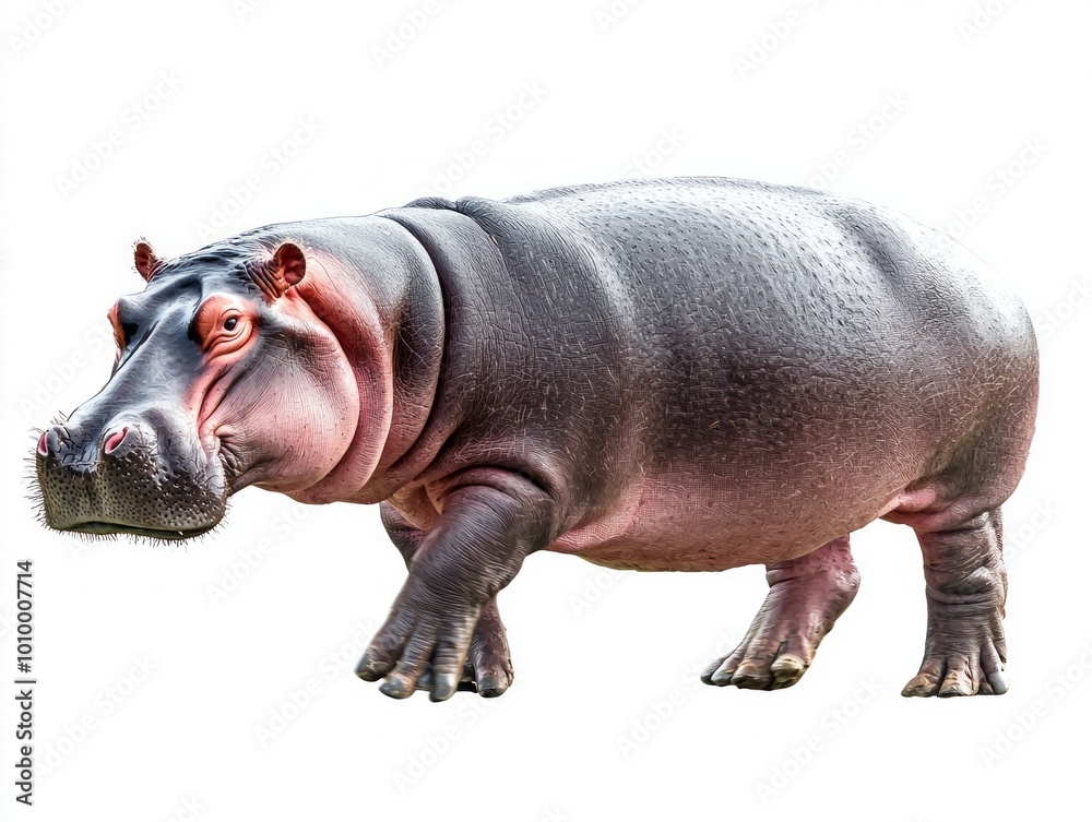 powerful hippopotamus moves ahead with grace, its large mouth slightly ajar, emphasizing its distinctive shape and texture in stark contrast to the clean white background. powerful hippopotamus moves ahead with grace, its large mouth slightly ajar, emphasizing its distinctive shape and texture in stark contrast to the clean white background.
