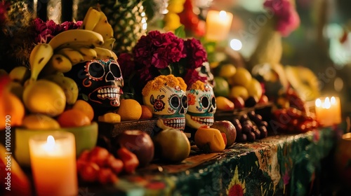 Vibrant Dia de los Muertos Altar with Skulls, Flowers, and Fruit photo